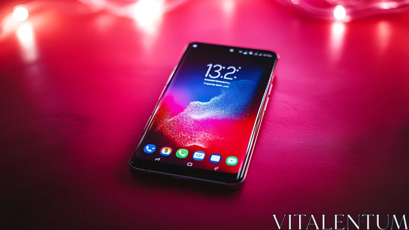 Android smartphone displays vibrant lock screen with gradient particle effects.