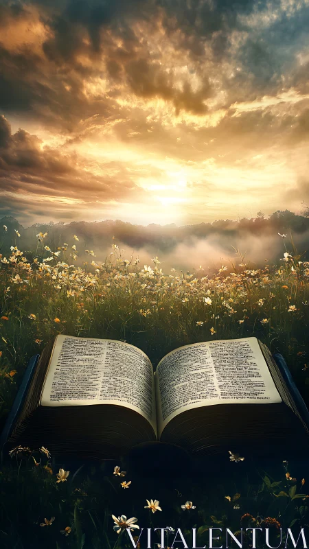 Open book in wildflower meadow under glowing sunset sky.
