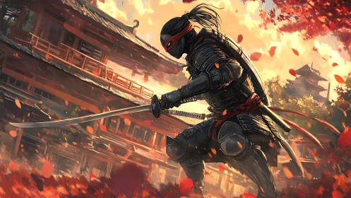 Armored swordsman advances in courtyard amid falling foliage