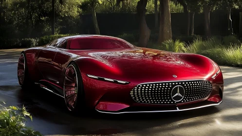 Red Mercedes concept car sits on sunlit forest road