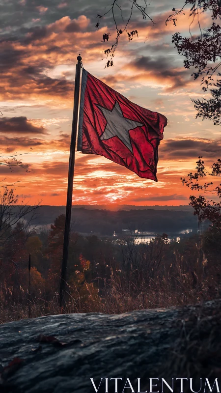 Red star flag ripples over autumn lake at fiery sunset.