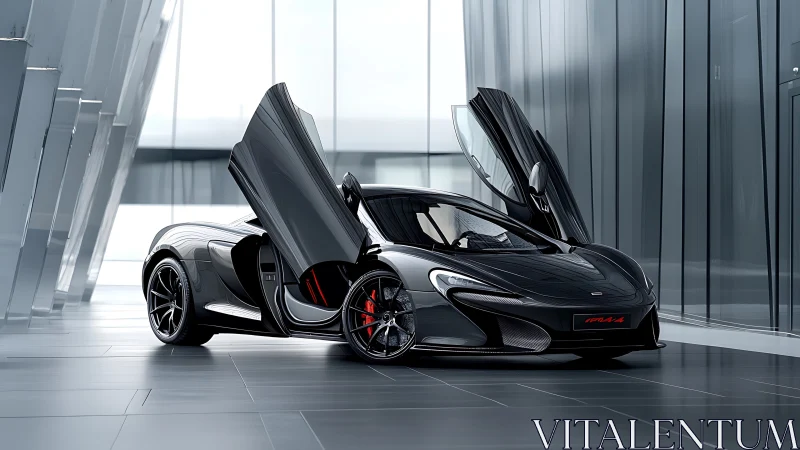 Midnight supercar poised like a winged predator in glasshouse.