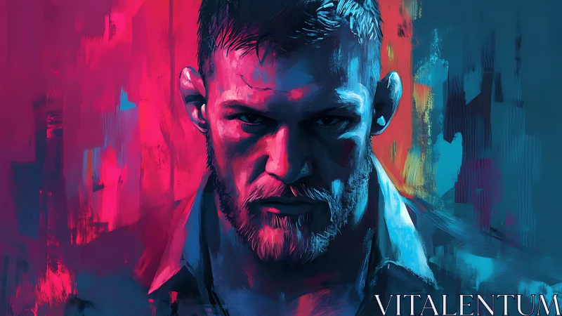 Intense neon portrait captures a determined, battle-ready gaze