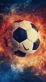 Fiery cosmic soccer ball floats in swirling blue and orange nebula.