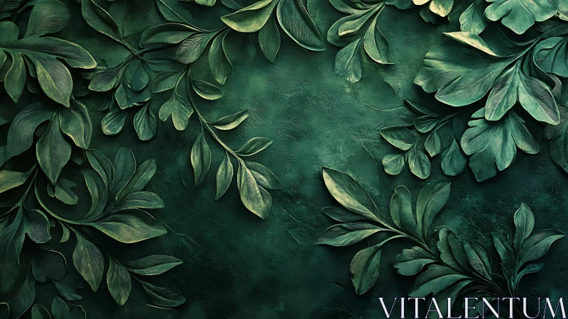 Textured emerald foliage pattern with sculpted botanical leaves.