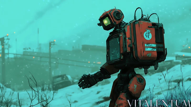 Industrial bipedal robot traversing snowy industrial site.