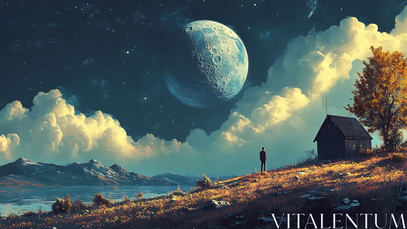 Solitary dreamer under a swollen moonlit skyscape.