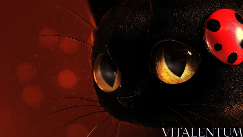 Black Cat with Glowing Amber Eyes and Red Ladybug.