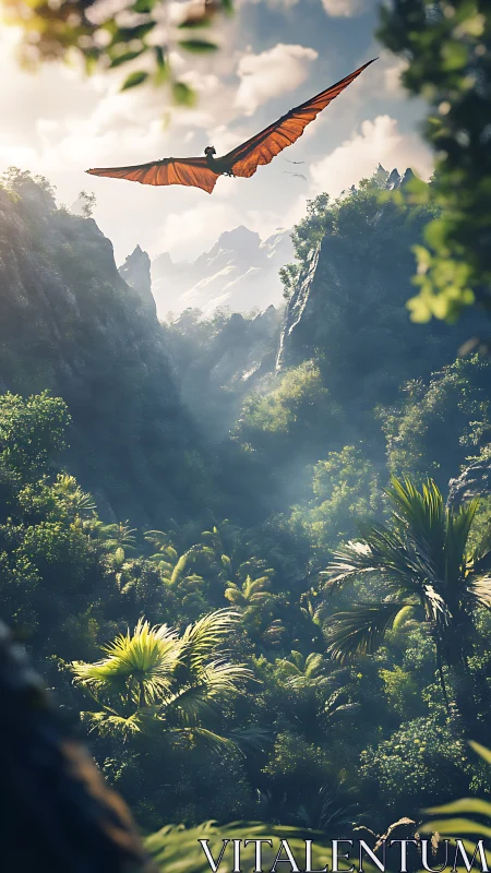 Pterosaur glides above sunlit prehistoric jungle valley.