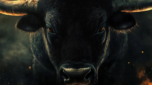 Powerful black bull stares forward through embers and shadow