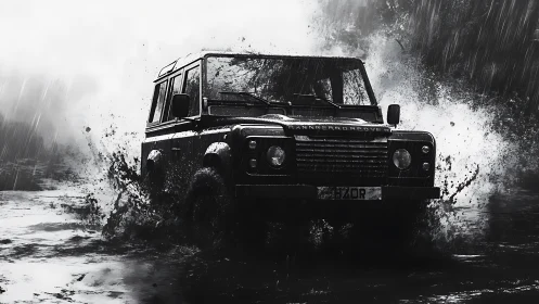 Rainstorm rover charges through monochrome wilderness waters.