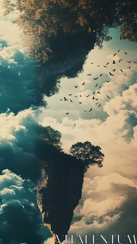 Vertical floating rock formations intersect cloud-filled sky