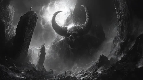 Colossal horned skull looms over storm-lashed obsidian wasteland.