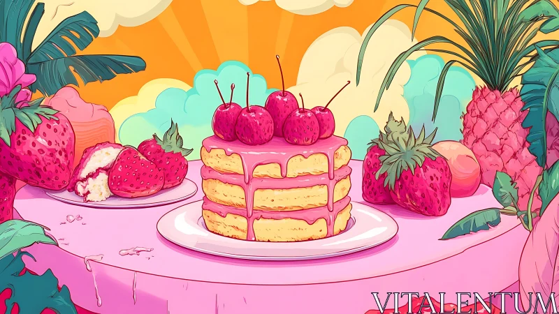 Whimsical Fruit Cake Composition with Layered Pastry and Fresh Berries.