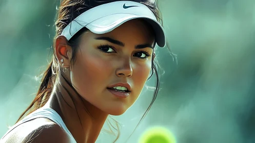 Female tennis player portrait in visor with blurred court background.