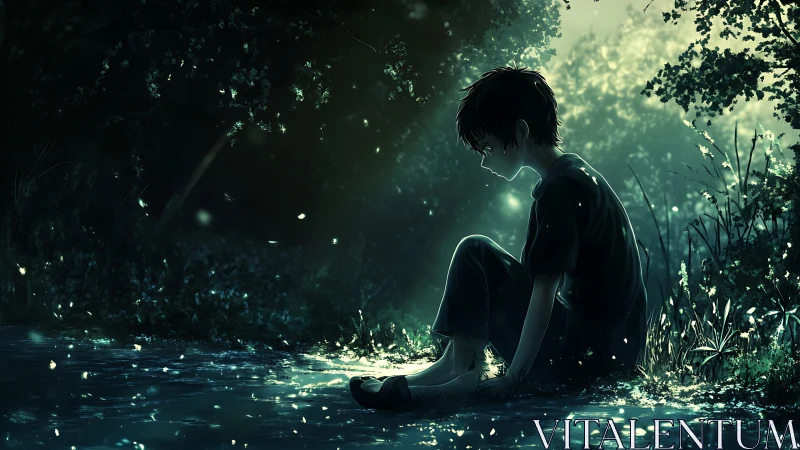 Solitary youth seated by reflective forest water surface.