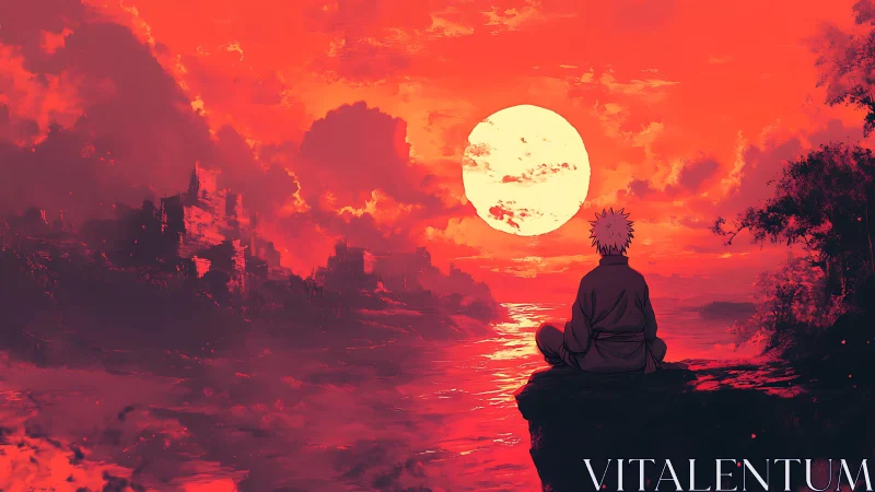 Solitary watcher beneath blazing red anime sunset sky.