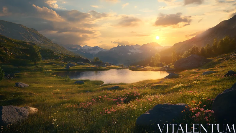 Sunlit mountain hollow cradles a mirror-bright alpine lake