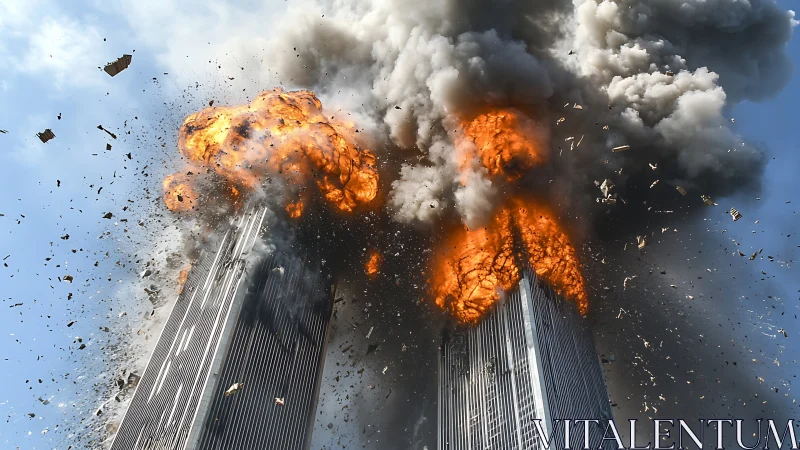Twin skyscraper impact with large fireballs, debris and smoke plumes