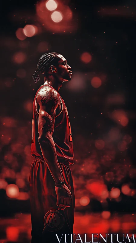 Basketball player stands in fiery red arena glow.