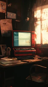 Soft sunset glow warms a retro computer desk in quiet focus