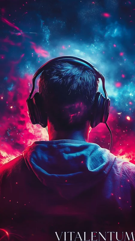 Gamer wearing headphones stands before neon cosmic soundscape