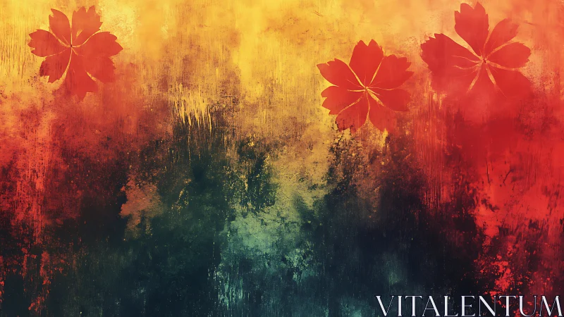 Sakura embers drifting across a molten dusk canvas.