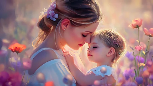 Mother and Child Embraced in Blooming Flower Field