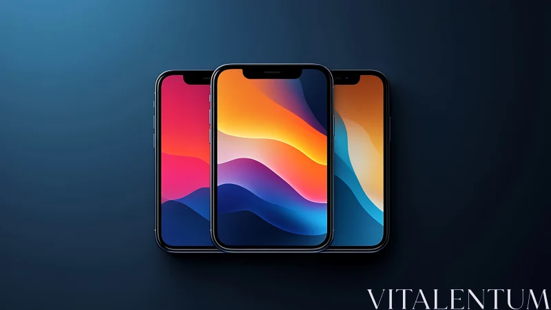 Three Iridescent Smartphones Displaying Luminous Gradient Wallpapers