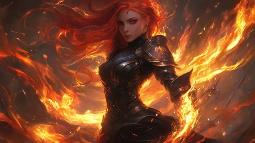 Blazing flame warrior stands strong in swirling inferno light