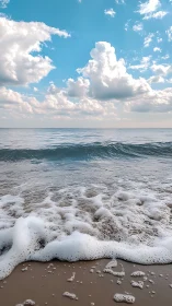 Shoreline foam under cumulus clouds in soft coastal daylight.