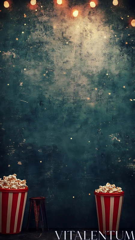 Midnight cinema wall with glowing lights and carnival popcorn.