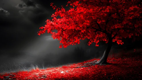 Chromatically isolated scarlet tree in desaturated stormscape.