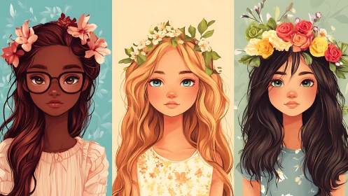 Three Artistic Girls with Floral Crowns in Soft Pastel Portraits.