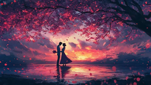 Couple Embracing Under Crimson Blossoms at Sunset.