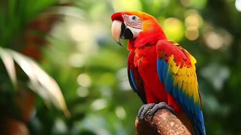 Vibrant Scarlet Macaw on Branch in Lush Tropical Setting, Realistic Style.