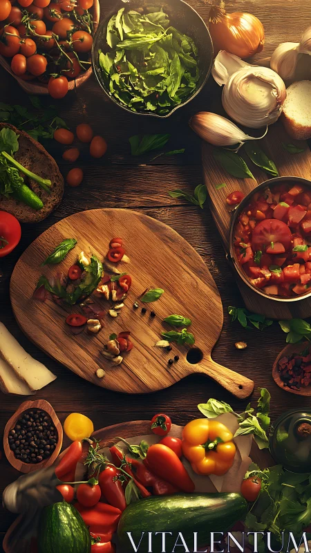 Overhead composition of fresh vegetables and cutting boards.