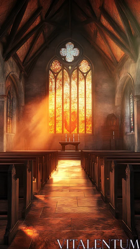 Sunlit gothic chapel interior with glowing stained glass