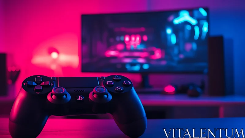 DualShock controller in RGB-lit gaming setup with shallow focus