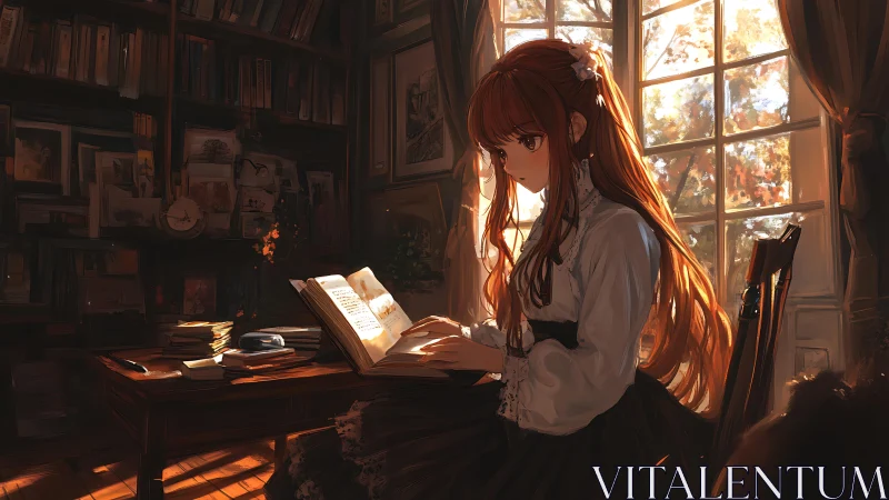 Red haired girl reading in a warm sunlit library interior.