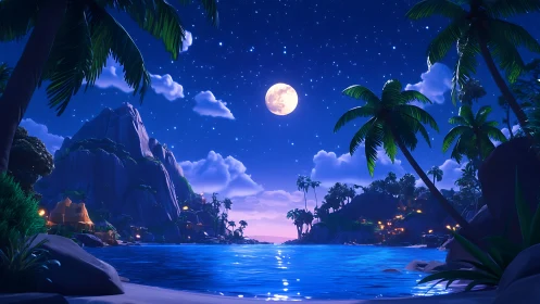 Moonlit tropical lagoon with palm framing and neon settlement
