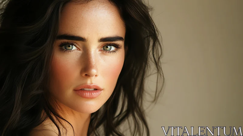 Close portrait of woman with loose dark hair and gaze.