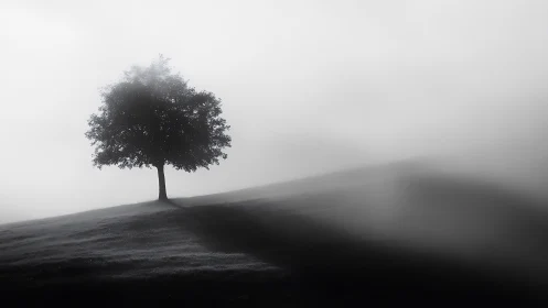 Monochrome lone tree on misted hillside with extended shadow.