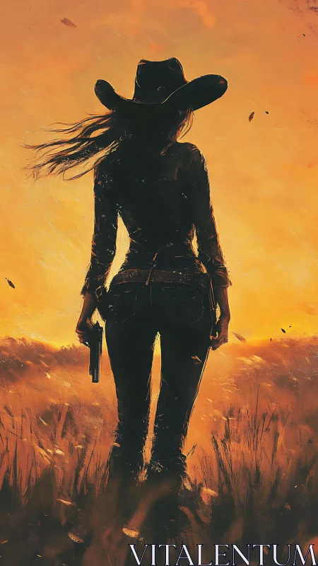 Silhouetted cowgirl gunslinger stands against a blazing sunset sky