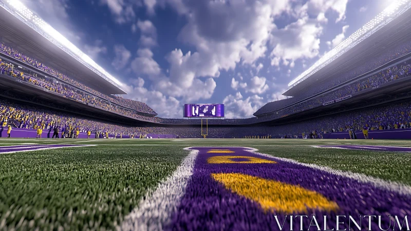 Low-angle end zone rendering of packed digital football stadium.