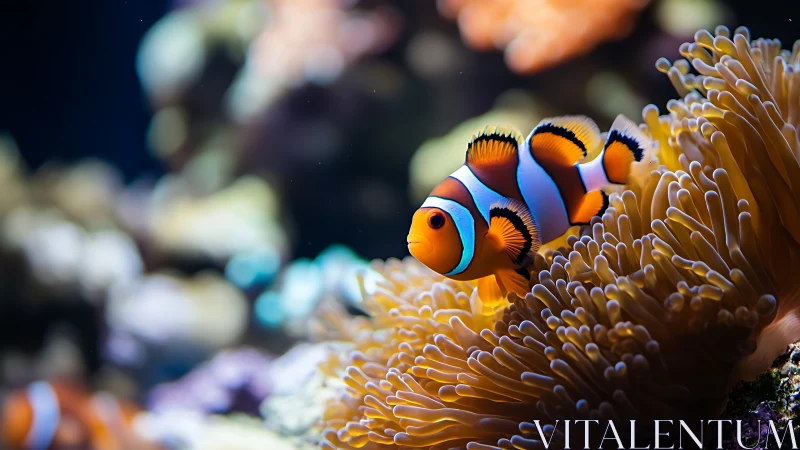 Clownfish hides within orange sea anemone under soft light