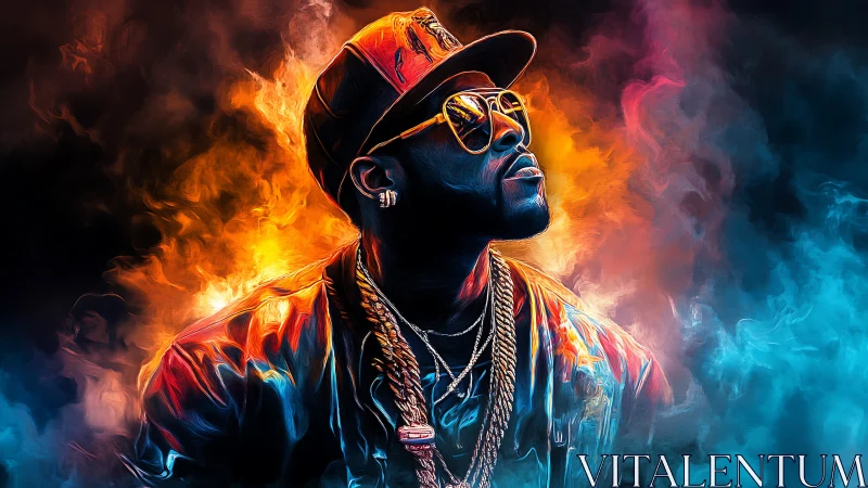 Hip hop styled man in vivid neon smoke lighting stands confidently