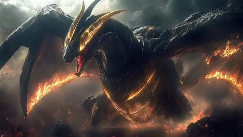 Molten skybreaker dragon rising from a storm of embers.