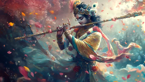 Divine flutist stands in swirling petals and luminous mist