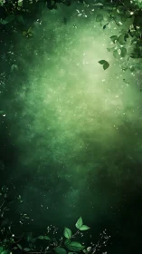 Soft green forest glow with drifting leaves and quiet light.